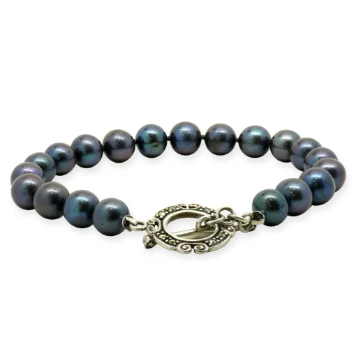 Black Pearl Bracelet with Sterling Silver Marcasite Toggle Clasp