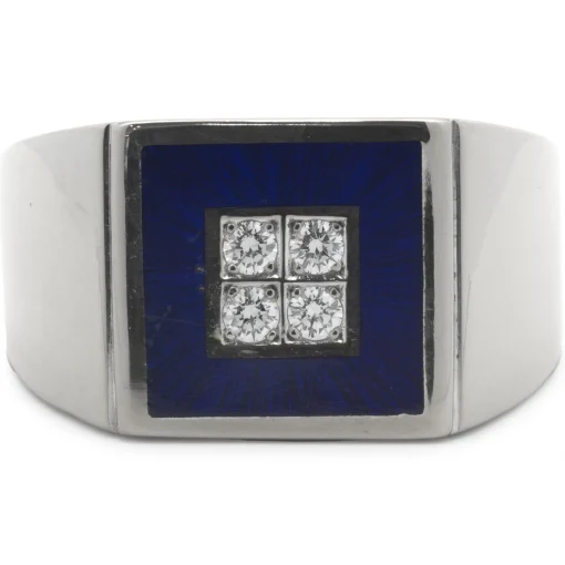 Faberge 18 Karat White Gold Diamond and Blue Enamel Ring