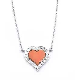 Fred 18 Karat White Gold Coral and Diamond Heart Necklace