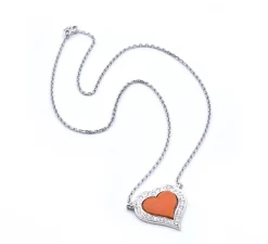 Fred 18 Karat White Gold Coral and Diamond Heart Necklace