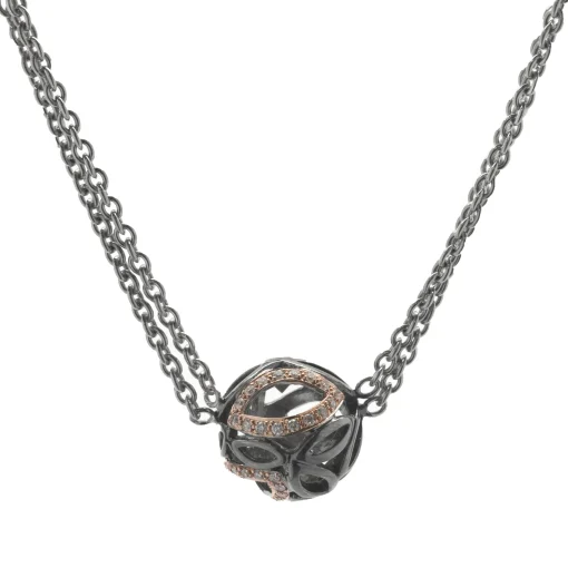 Hera Sterling Silver and 18 Karat Rose Gold Station Necklace with Diamond Leaf Ball
