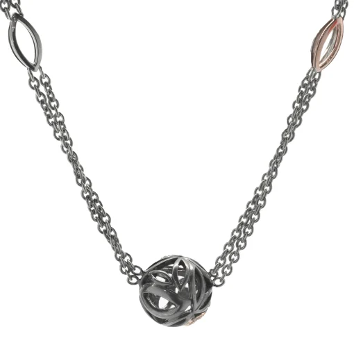 Hera Sterling Silver and 18 Karat Rose Gold Station Necklace with Diamond Leaf Ball