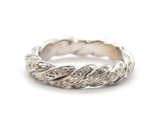 14k White Gold And Diamond Twisted Rope Band Ring