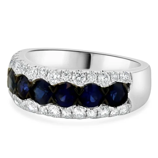 14K White Gold Diamond and Sapphire Three Row Band