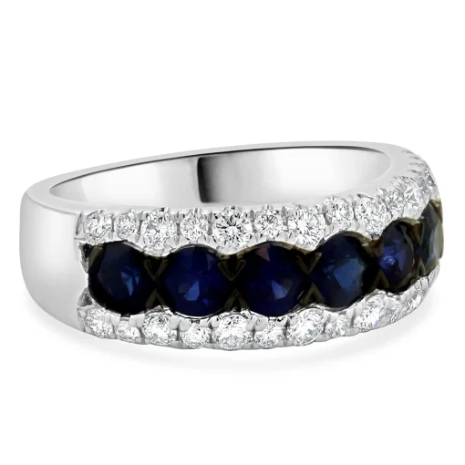 14K White Gold Diamond and Sapphire Three Row Band