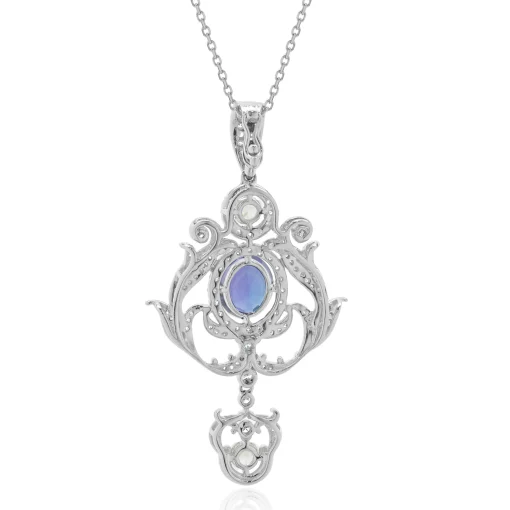18k White Gold Diamond, White Sapphire, and Tanzanite Art Deco Style Drop Necklace