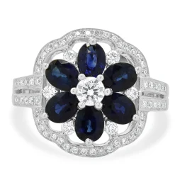 14K White Gold Sapphire and Diamond Flower Ring