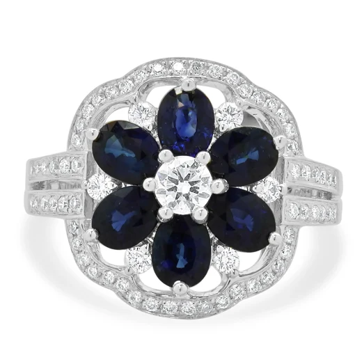 14K White Gold Sapphire and Diamond Flower Ring