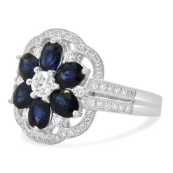 14K White Gold Sapphire and Diamond Flower Ring