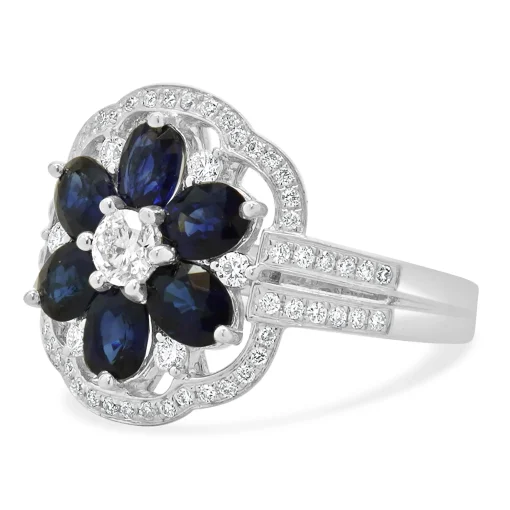 14K White Gold Sapphire and Diamond Flower Ring