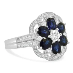 14K White Gold Sapphire and Diamond Flower Ring