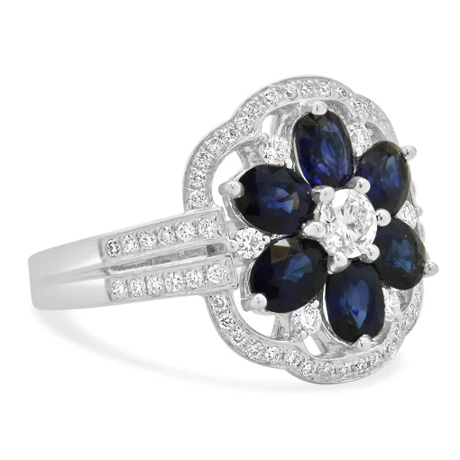 14K White Gold Sapphire and Diamond Flower Ring