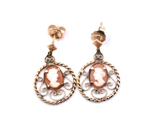 14k Yellow Gold Cameo Drop Earrings