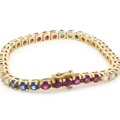 14k Yellow Gold Diamond, Ruby, and Sapphire Tennis Bracelet