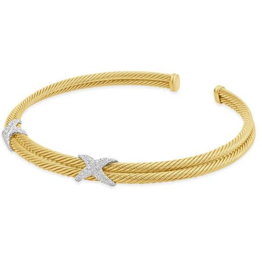 18K Yellow Gold Diamond Triple X Station Collar Necklace