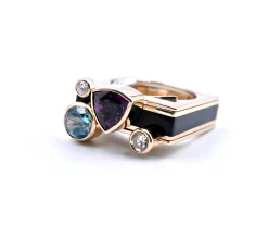 14k Yellow Gold Garnet, Zircon, Diamond, and Onyx Geometric Ring