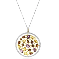 14 Karat Two Tone Multi-Gemstone and Diamond Circle Pendant Necklace