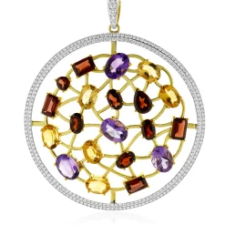 14 Karat Two Tone Multi-Gemstone and Diamond Circle Pendant Necklace