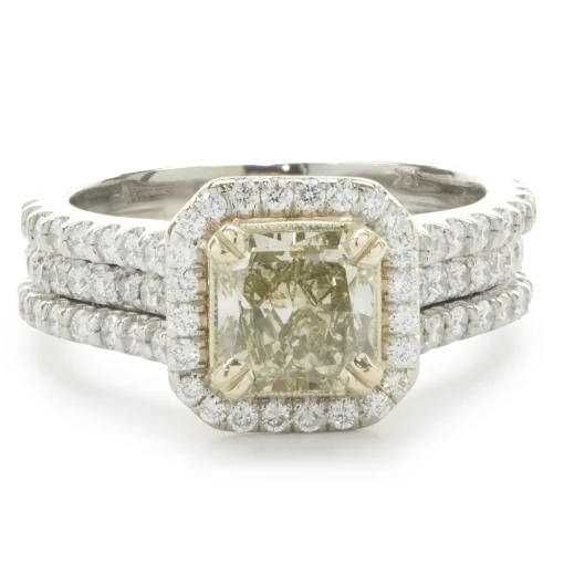18 Karat White & Yellow Gold Fancy Yellow Radiant Cut Diamond Engagement Ring