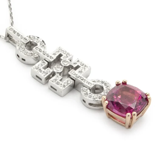 18 Karat White and Rose Gold Pink Tourmaline and Diamond Geometric Drop Necklace