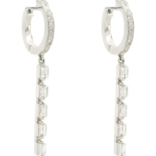 14 Karat White Gold Baguette and Round Brilliant Cut Diamond Stick Drop Earrings