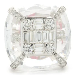 18 Karat White Gold Carved Crystal and Diamond Cocktail Ring