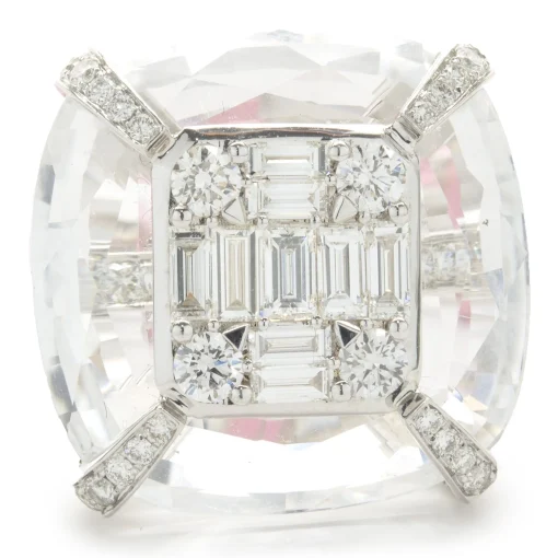 18 Karat White Gold Carved Crystal and Diamond Cocktail Ring