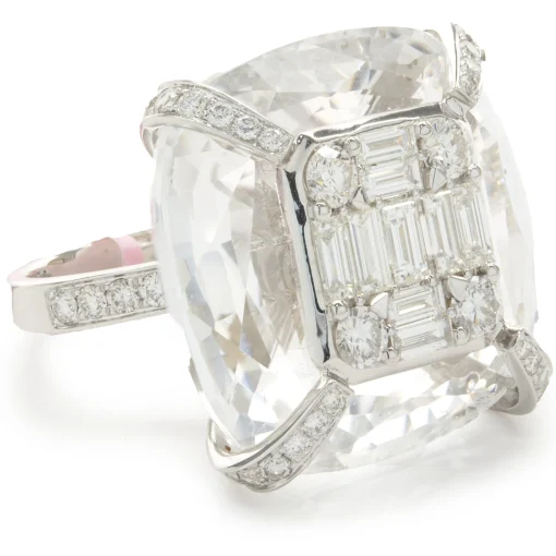 18 Karat White Gold Carved Crystal and Diamond Cocktail Ring