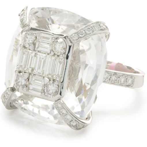 18 Karat White Gold Carved Crystal and Diamond Cocktail Ring