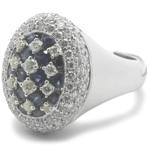 18 Karat White Gold Checkerboard Sapphire and Diamond Ring