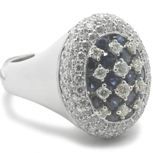 18 Karat White Gold Checkerboard Sapphire and Diamond Ring
