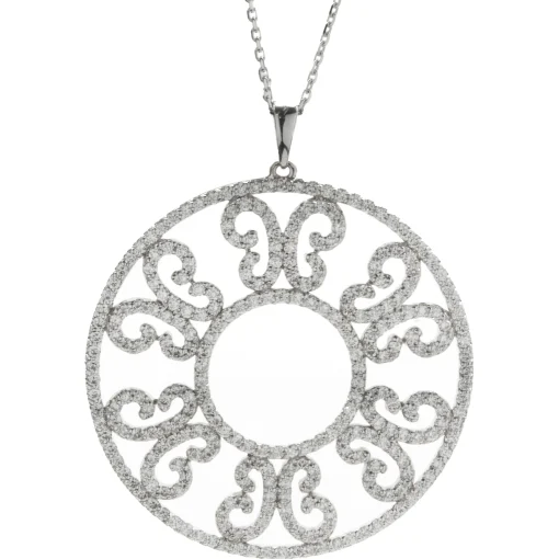 14 Karat White Gold Circle Diamond Filigree Necklace