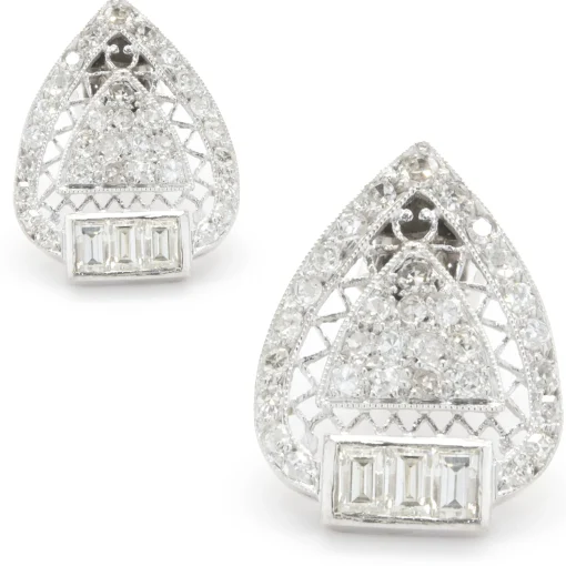 14 Karat White Gold Deco Style Diamond Earrings