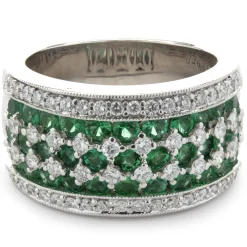 18 Karat White Gold Diamond and Emerald Seven Row Band