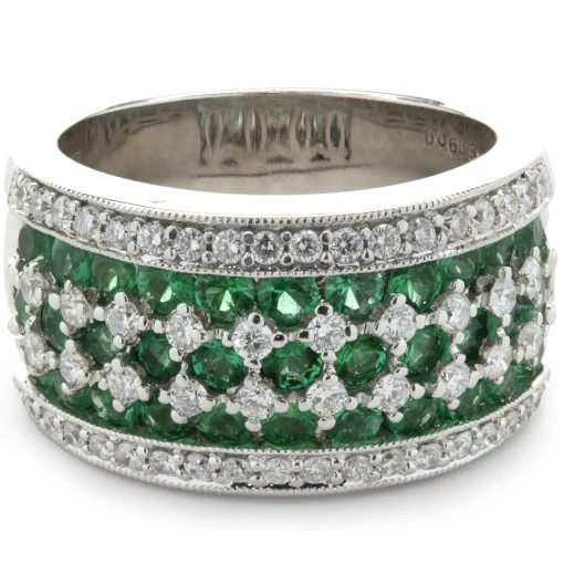 18 Karat White Gold Diamond and Emerald Seven Row Band