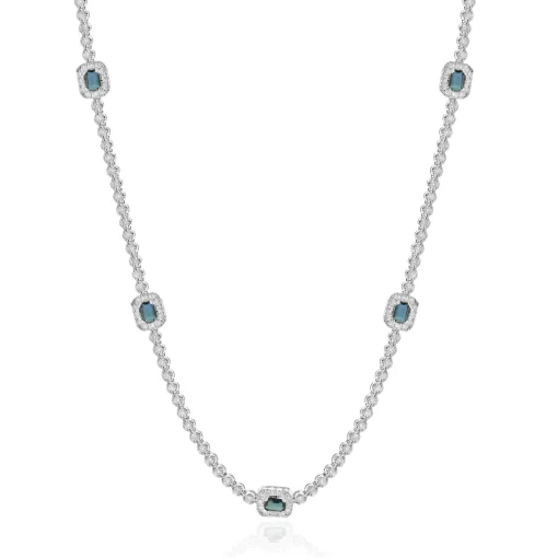 14 Karat White Gold Diamond Inline Necklace with Sapphire Stations