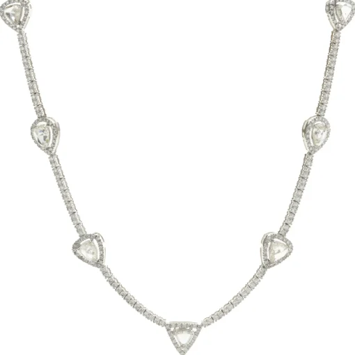 14 Karat White Gold Diamond Tennis Necklace with Rose Cut Diamond Stations