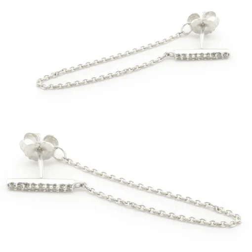 14 Karat White Gold Diamond Bar and Chain Drop Earrings