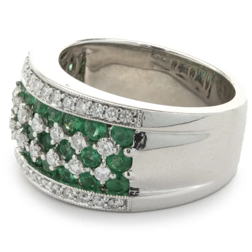 18 Karat White Gold Diamond and Emerald Seven Row Band