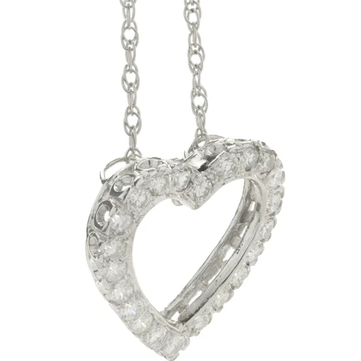 14 Karat White Gold Diamond Open Heart Necklace
