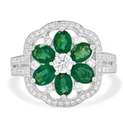 14 Karat White Gold Emerald and Diamond Flower Ring
