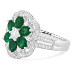 14 Karat White Gold Emerald and Diamond Flower Ring