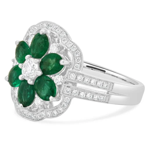 14 Karat White Gold Emerald and Diamond Flower Ring