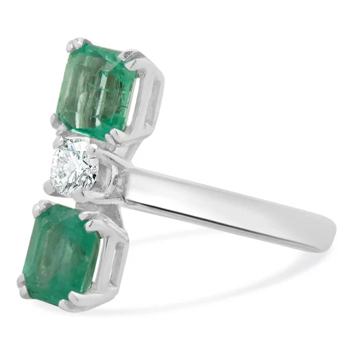 18 Karat White Gold Emerald and Diamond Three Stone Stack Ring