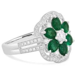 14 Karat White Gold Emerald and Diamond Flower Ring