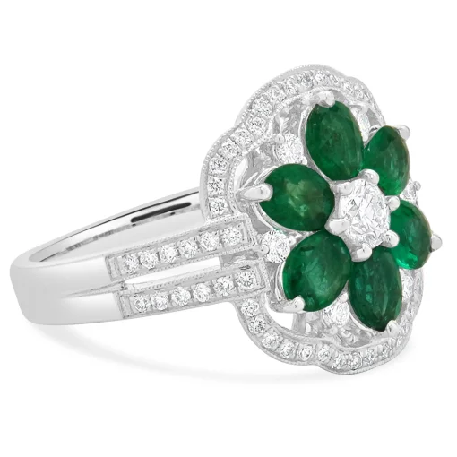 14 Karat White Gold Emerald and Diamond Flower Ring