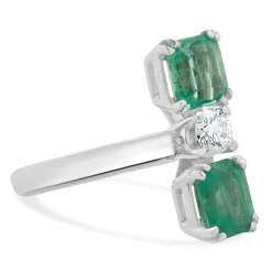 18 Karat White Gold Emerald and Diamond Three Stone Stack Ring