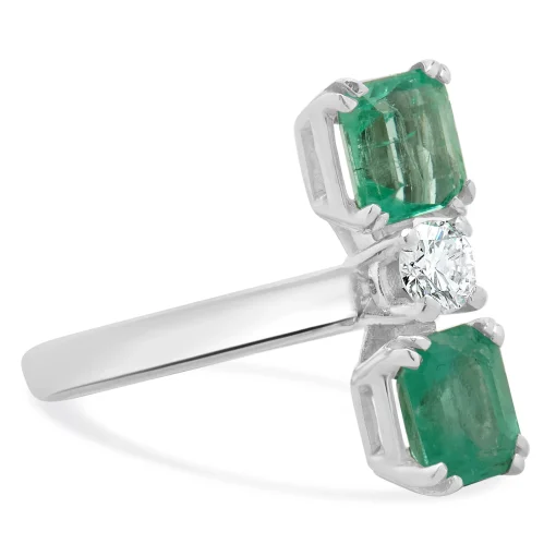 18 Karat White Gold Emerald and Diamond Three Stone Stack Ring
