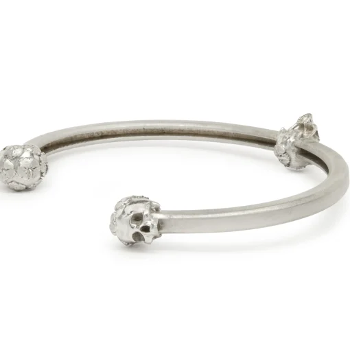 14 Karat White Gold Floral Skull Cuff Bracelet