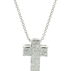18 Karat White Gold Invisible Set Diamond Cross Necklace